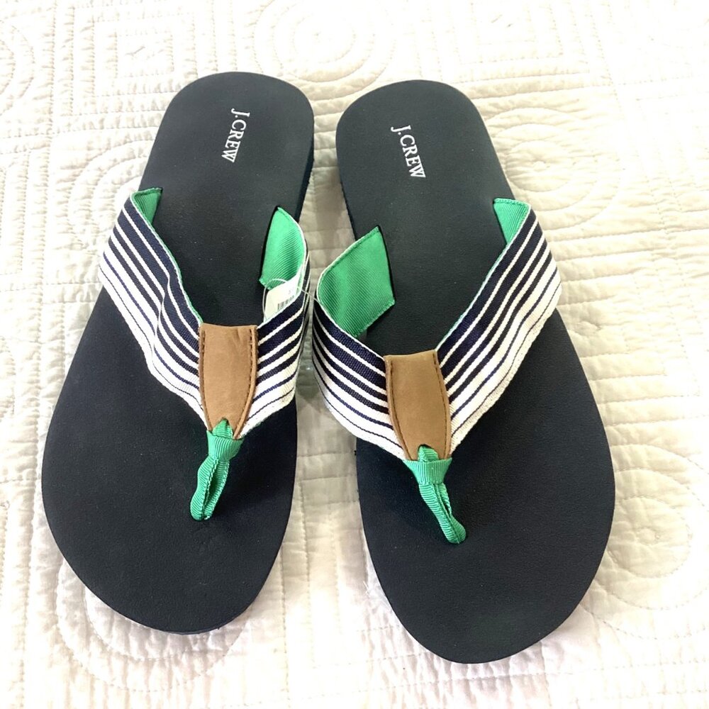 NWT J.Crew Mens Stripe Flip Flops Navy/Green Size 9 Cotton/Leather